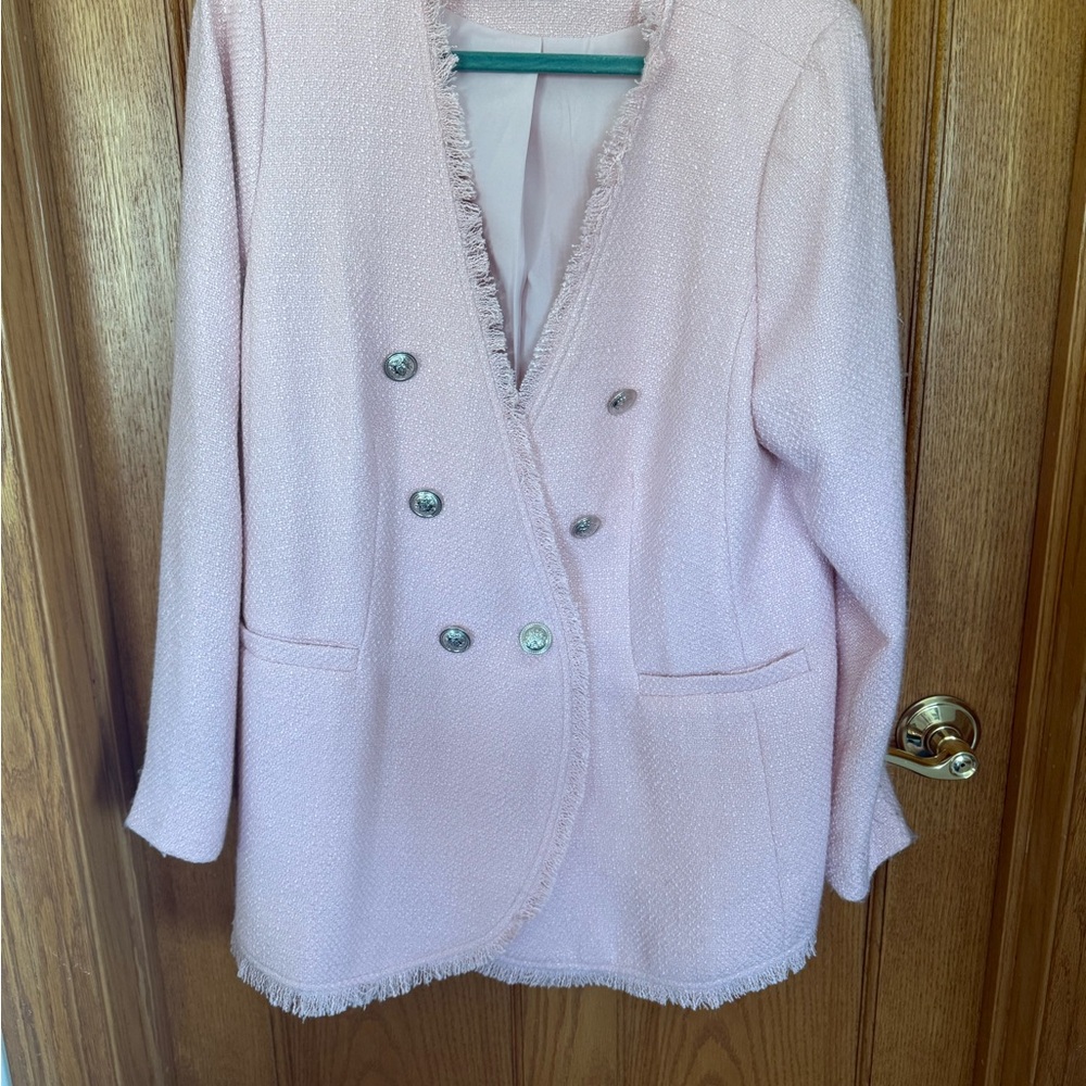 Baby Pink Tweed Blazer with Frayed Edges